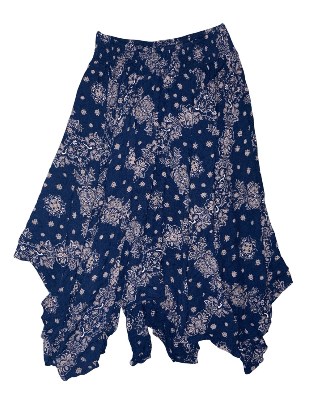 Forever 21 Navy and White Paisley Handkerchief Hem Maxi Skirt